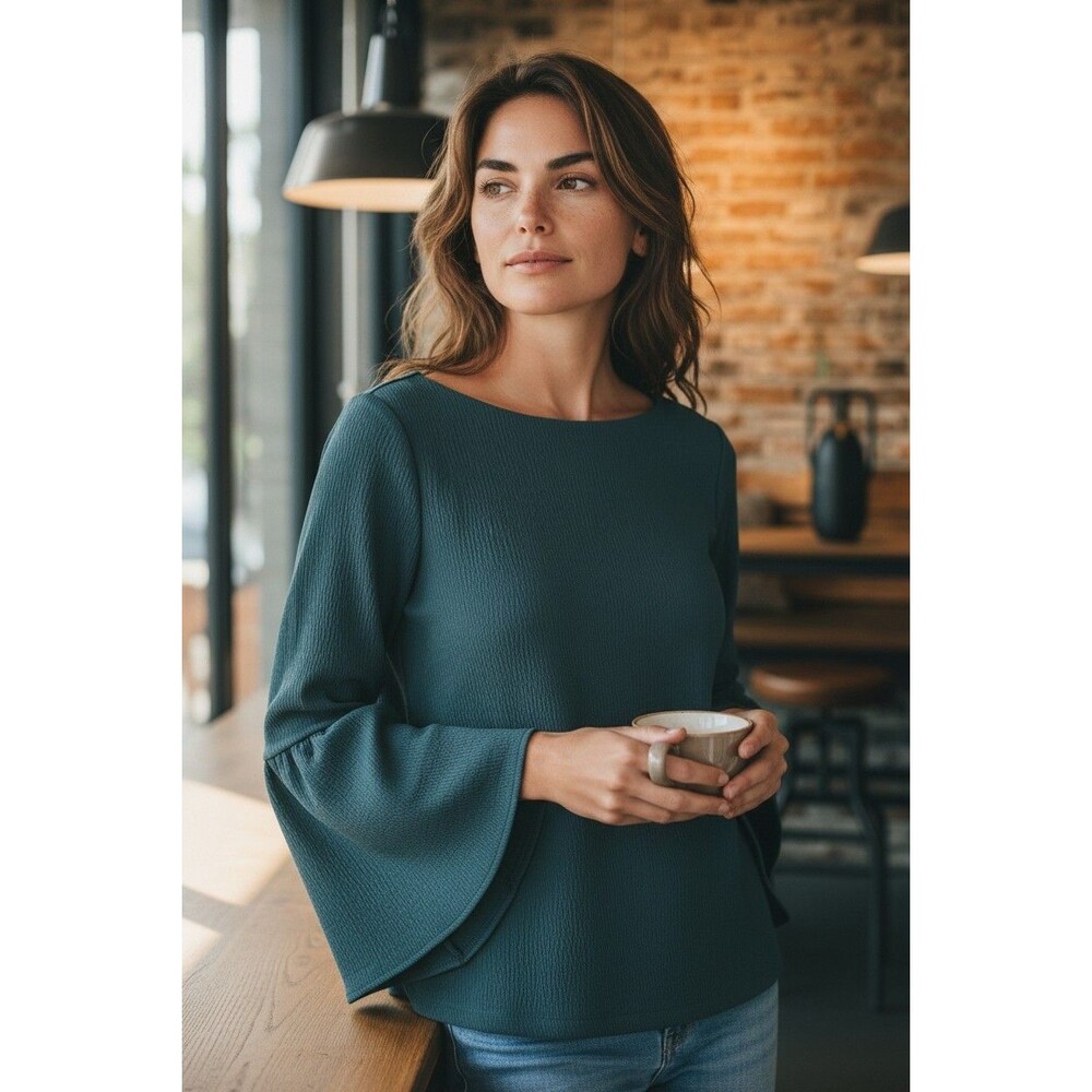 Ann Taylor Teal Long-Sleeve Blouse Sz S Bell-Sleeve Classic Boho Scoop-Neck